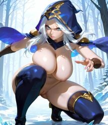 1girls ai_generated ashe_(league_of_legends) ass big big_breasts blue_eyes breasts female female_only kneeling league_of_legends lux_paladin nipples pussy riot_games thighs white_hair