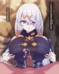 1boy atelier_(series) atelier_ryza atelier_ryza_1 black_nails breasts cum ejaculation female godoh_(mamurudou) grey_hair heterochromia highres huge_breasts lila_decyrus long_hair paizuri paizuri_under_clothes premature_ejaculation