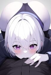 1boy ai_generated ass blowjob_pov femboy giving_head jonnyjonn light_blush novelai oc original_character pale_skin pov_eye_contact purple_eyes rubbing_penis thanatos_(jonnyjonn) underpants white_hair