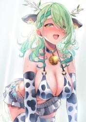1girls 2d 2d_(artwork) @-you alternate_costume artist_request big_breasts bikini bikini_top blush ceres_fauna cleavage cow_bikini cow_ears cow_print cow_tail embarrassed embarrassed_female female female_focus female_only flowers flowers_in_hair front_view green_hair hair_over_one_eye high_resolution highres hololive hololive_english huge_breasts light-skinned_female light_skin long_gloves long_hair looking_at_viewer miniskirt mole mole_under_eye open_mouth revealing_clothes revealing_swimsuit simple_background slim_girl smiling smiling_at_viewer solo solo_female solo_focus swimsuit thighhighs two_piece_swimsuit virtual_youtuber vtuber vtuberfanart white_background white_flower yellow_eyes young younger_female