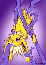 3_toes ass_up barefoot black_nose black_skin candyfoxy canine crying eeveelution eyelashes feral fur in_mouth jolteon nintendo one_eye_closed open_mouth penetration plain_background pokemon pokemon purple_background purple_eyes raised_leg shadow shiny skin tears tentacle video_games white_background white_fur yellow_fur