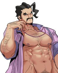 1boy abs bara big_pecs black_hair brown_eyes clothed daddy facial_hair hairy human long_hair_male looking_at_viewer male male_nipples male_only male_pubic_hair manly mature_male mr._saguaro muscles muscular_male mustache npc_trainer open_shirt pecs pokemon pokemon_sv rybiok yaoi