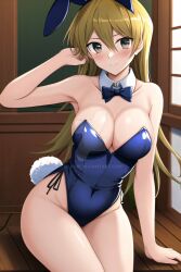 1girls ai_generated alexis_rhodes blonde_hair blue_leotard bowtie breasts brown_eyes bunny_ears bunny_tail detached_collar fake_animal_ears fake_tail large_breasts leotard long_hair looking_at_viewer playboy_bunny side-tie_leotard silrow sitting tenjouin_asuka yu-gi-oh! yu-gi-oh!_gx