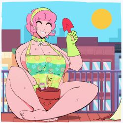 1girls cdlum female pear_(cdlum) pink_hair sitting swimsuit