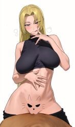 ai_generated bass_da_da_da big_breasts blonde_female blonde_hair cat_markings cunnilingus_gesture curvy_female do_you_want_to_pet_my_cat_(meme) female_torso hand_on_belly hoshino_akarii jujutsu_kaisen licking_lips long_hair mideiff pants_down pussy pussy_on_table trend wide_hips yuki_tsukumo