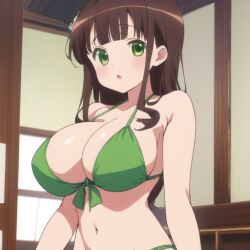 1girls ai_generated big_breasts brown_hair chiya_ujimatsu female gochuumon_wa_usagi_desu_ka? green_bikini green_eyes green_swimsuit large_breasts solo ujimatsu_chiya