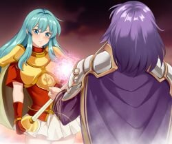 1boy 1girls aqua_hair armor bare_arms bare_thighs belt blue_eyes blue_hair breastplate breasts cape corruption eirika_(fire_emblem) female femsub fingerless_gloves fire_emblem fire_emblem:_the_sacred_stones gloves glowing haryudanto holding holding_weapon long_hair lyon_(fire_emblem) magic male maledom medium_breasts medium_hair mind_control miniskirt nintendo orb outdoors purple_hair reaching_out shirt short_sleeves shoulder_pads skirt steam sunset sword thick_thighs thighs very_long_hair weapon