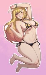 1female 1girls 2d 2d_(artwork) bikini blonde_hair choker clothing cute_pose ear_piercing ear_ring earrings female female_only for_sticker_use kitagawa_marin light-skinned_female light_skin long_hair mid-air_suspension nails necklace one_eye_closed peace_sign pink_eyes pinup pose rizdraws solo solo_female sono_bisque_doll_wa_koi_wo_suru sticker_template swimsuit