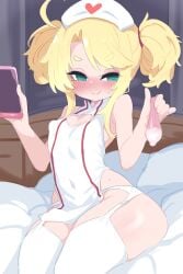 bare_shoulders bed bedroom blonde_hair blush breasts cleavage_cutout clothing_cutout condom covered_navel cum dress garter_belt garter_straps green_eyes hands_up hat heart_cutout highres himesaka_noa holding holding_condom holding_phone indoors kukuchi581 legs_together long_hair looking_at_viewer naughty_face nurse nurse_cap on_bed phone sitting sleeveless sleeveless_dress small_breasts smile sweatdrop thick_thighs thighhighs thighs tsurime twintails used_condom watashi_ni_tenshi_ga_maiorita! white_dress white_thighhighs wide_hips