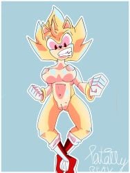 absurd_res amy_rose angry anthro big_nipples clothing flying footwear fur grimace hi_res humanoid male nipples red_clothing red_eyes red_footwear red_shoes sega shoes solo sonic_(series) sonic_the_hedgehog_(series) super_amy_rose totally_real white_glove yellow_body yellow_fur