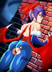 1girls absurd_res against_wall ass bat_print blue_pantyhose capcom darkstalkers female female_only gauntlets head_wings leotard lilith_aensland looking_back pantyhose pumpkinsinclair purple_hair red_eyes solo succubus succubus_wings torn_pantyhose wings