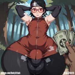 1boy 1futa ai_generated armpits arms_behind_head black_hair black_leggings bootyattack bulge covered_nipples flat_chest forest futa_only glasses glowing_eyes hips_wider_than_shoulders holding_object huge_balls huge_cock interracial leggings looking_at_viewer massive_thighs money musk naruto_(series) nervous nipple_bulge outdoors penis_bulge pov pov_eye_contact presenting presenting_armpit red_dress red_eyes sarada_uchiha short_hair small_breasts stable_diffusion sweat sweatdrop sweating thick_thighs wide_hips