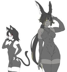 black_and_white black_hair bodysuit bunny_ears bunny_girl cat_ears cat_tail catgirl dark_skin final_fantasy_xiv fingerless_gloves gold_highlights green_eyes height_difference kyoka_akazome long_hair miqo'te muscles red_eyes rikodamu sketch thyra_kurama tights viera yellow_eyes