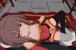 belt brown_hair dress female kono_subarashii_sekai_ni_shukufuku_wo! kurokimoko looking_at_viewer megumin parted_lips pov red_eyes sitting thighhighs