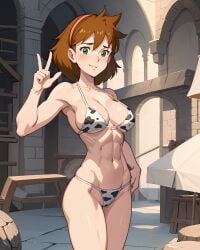 1girls abs ai_generated belly_button big_breasts big_cleavage bikini blush brick_wall brown_hair cleavage cow_print exposed_breasts female full_body green_eyes headband headwear hi_res jane_buxton large_breasts light-skinned_female light_skin looking_at_viewer nipples patapata_hikousen_no_bouken peace_sign shittyartz short_hair smile smiling