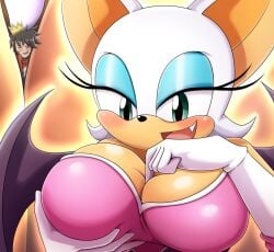 1boy 1girls :d absurd_res animal_ears anthro bat_girl bat_wings between_breasts big_breasts blush bodysuit breast_hold breasts cleavage commentary eyelashes fangs femdom furry furry_female giantess green_eyes hi_res jenny_secret open_mouth poking rouge_the_bat sega shiny_skin smile sonic_(series) trapped upper_body