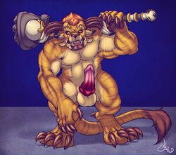 anthro balls biceps big_muscles charr claws erection feline fur furry guild_wars hammer horn looking_at_viewer male male_only melee_weapon modem_redpill muscles nude penis standing video_games war_hammer weapon