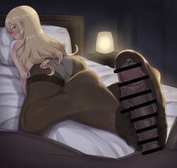 absurdres bar_censor barefoot black_pantyhose blonde_hair censored commission dark-skinned_male dark_skin footjob highres interracial intruder_(1391685345) long_hair lying on_bed on_stomach panties pantyhose penis pillow red_eyes sakura-sou_no_pet_na_kanojo shiina_mashiro straight topless underwear very_dark_skin white_panties