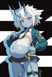 blue-skinned_female blue_body choker demon demon_girl demon_horns demon_tail horns panties popped_navel pregnant ready_to_pop soukaku tail tail_markings uniform white_hair zenless_zone_zero