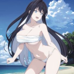 ai_generated beach bikini_bottom black_hair blue_eyes covered_breasts japancuteanimex kyokou_suiri large_breasts light-skinned_female light_skin multicolored_hair naked naked_female open_clothes outdoors towel towel_over_breasts uncensored yuki-onna_(kyokou_suiri)