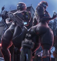 1boy 2girls 3d 3d_(artwork) ass big_ass big_butt butt clothed clothed_female clothed_male from_behind from_behind_position from_front_position front_view giantess gun guns height_difference helldiver_(helldivers) helldivers_2 larger_female outnumbered size_difference smaller_male thick_thighs thighs weapon weapons wotm8h8