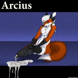 acethebigbadwolf anthro arcius balls canine chest_tuft color cum cum_pool fox fur furry heterochromia hi_res high_resolution hyper hyper_balls hyper_penis kneeling lube male male_only penis ponytail solo text tied_hair tuft watermark