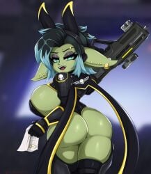 1girls 2024 absurd_res ass big_breasts black_hair blue_hair cosplay ear_piercing earrings eyebrow_piercing eyebrow_ring fangs female female_only goblin goblin_female green_eyes green_skin gun helldivers_2 leora_(kibix1) looking_at_viewer looking_back looking_back_at_viewer narrowed_eyes no_text_version open_mouth rear_view rifle skimpy skimpy_armor smiling smiling_at_viewer solo sovereignless thick_ass thick_thighs tongue_piercing two_tone_hair