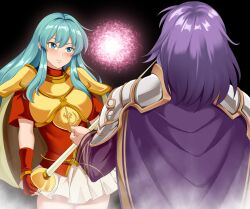 1boy 1girls aqua_hair armor bare_arms bare_thighs belt black_background blue_eyes blue_hair breastplate breasts cape corruption eirika_(fire_emblem) female femsub fingerless_gloves fire_emblem fire_emblem:_the_sacred_stones gloves glowing haryudanto holding holding_weapon long_hair lyon_(fire_emblem) magic male maledom medium_breasts medium_hair mind_control miniskirt nintendo orb purple_hair reaching_out shirt short_sleeves shoulder_pads skirt steam sword thick_thighs thighs very_long_hair weapon