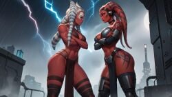 2girls abs ai_generated alien alien_girl big_breasts breasts darth_talon gensphinx huge_breasts large_breasts nude nude_female red_skin shaak_ti shiny_skin star_wars togruta twi'lek