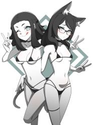 2girls black_and_white black_hair blush cat_ears cat_tail catgirl ear_piercing female female_only final_fantasy_xiv glasses hesitant human kyoka_akazome micro_bikini midlander miqo'te peace_sign posing posing_for_the_viewer senna_bilal small_breasts swimsuit tongue tongue_out white_eyes