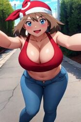 ai_generated belly_button big_breasts blue_eyes blue_jeans blush brown_hair busty cleavage creatures_(company) crop_top curvy denim_jeans facing_viewer female female female_only full_body game_freak hi_res highres jeans may_(pokemon) midriff nintendo outdoors pokemon pokemon_(game) pokemon_rse pokemon_trainer red_bandana selfie seraphim_ai smile solo stable_diffusion thick_thighs tight_jeans