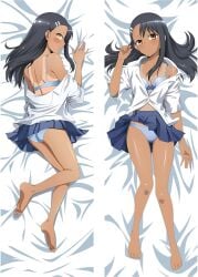 1girls ass back bare_arms bare_legs bare_shoulders bare_thighs barefoot bed bed_sheet black_hair black_skin blue_bra blue_panties blush bra breasts dakimakura dakimakura_design ear_piercing feet female female_only hair_ornament hayase_nagatoro human long_hair lying mouth_closed official_art open_shirt panties please_don't_bully_me,_nagatoro shiny_skin skirt skirt_lift small_breasts smile solo tan tanline thighs toes white_shirt yellow_eyes