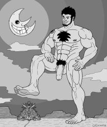 balls bara beard chest_hair cochinote facial_hair flaccid free_(soul_eater) macro male male_only monochrome muscles muscular nude penis pointy_ears solo solo_male soul_eater werewolf