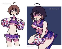 1girls ahoge blush brown_hair cheerleader cheerleader_uniform danganronpa danganronpa_ultra_despair_girls eyes_rolling_back kneeling looking_pleasured masturbation miniskirt naegi_komaru nikkei_(artist) pleated_skirt pom_poms short_hair skirt solo straight_hair tongue_out