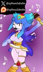 1girls ass_focus big_ass big_breasts big_thighs blue_body blue_hair boobs_and_butt_pose brawl_stars breasts female harpy_melodie_(brawl_stars) melodie melodie_(brawl_stars) red_eyes skirt skirt_lift whore