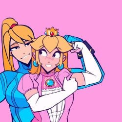 2girls big_breasts blonde_hair blushing bodysuit bounty_hunter cdlum crown jewelry mario_(series) metroid multiple_girls muscle_comparison muscles muscular_female not_porn pink_background pink_dress princess_peach rolled_up_sleeves royalty samus_aran smile wholesome zero_suit_samus