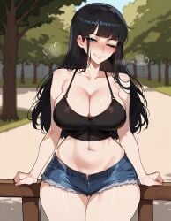 1girls ai_generated bare_arms bare_legs bare_shoulders bare_thighs big_breasts black_hair blue_eyes blush clothed clothing color female female_focus female_only floppydisc hi_res jean_shorts large_breasts light-skinned_female light_skin long_hair looking_at_viewer nico_robin no_bra one_piece pre-timeskip shounen_jump solo solo_female tagme thick_thighs