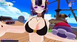 big_breasts bra breasts cute hannahhyrule large_breasts oni_female oni_horns pirate pirate_girl screenshot ship short_hair smiling thousand_sunny