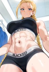 1girls abs belly_button blacked blacked_clothing blonde_hair blue_eyes braided_hair braided_twintails cammy_white capcom female female_only fit fit_female long_hair looking_at_viewer looking_down low-angle_view smiling smiling_at_viewer solo sports_bra sportswear street_fighter sweat twin_braids twintails