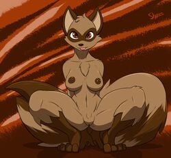 breasts brown_eyes chest_tuft crouching derp female looking_at_viewer nipple_piercing nipples nude piercing pussy raccoon slypon solo spread_legs spreading tongue tuft