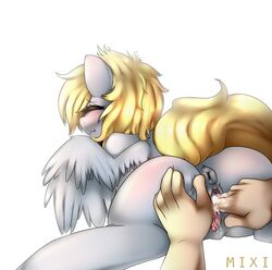 anus blonde_hair blush closed_eyes derpy_hooves equine female feral fingering friendship_is_magic from_behind grey_fur hair horse human interspecies lying mixipony my_little_pony pegasus penetration plain_background pony pussy pussy_juice spread_legs spreading vaginal_penetration wings