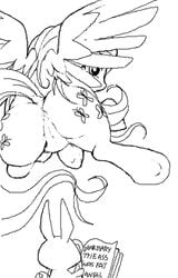 2013 angel_(mlp) anus ass book cutie_mark duo english_text equine female feral fluttershy_(mlp) friendship_is_magic horse lagomorph monochrome my_little_pony pegasus plain_background pony presenting presenting_hindquarters pussy stoic5 text white_background wings