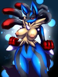 2013 abstract_background blue_fur blush breasts female lucario mega_evolution mega_lucario mn_xenx nintendo nipples nude pokemon pokemon_(species) pokemon_xy pussy red_eyes solo video_games