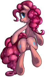 anus ass blue_eyes blush buttercup_saiyan curly_hair cutie_mark equine female feral friendship_is_magic hair hi_res horse inviting looking_at_viewer looking_back my_little_pony pink_fur pink_hair pinkie_pie_(mlp) pony presenting presenting_hindquarters pussy seductive smile solo standing tail_moved_to_side teeth white_background