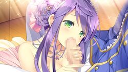 blush censored daikou_wakako fellatio female game_cg green_eyes koi_saku_miyako_ni_ai_no_yakusoku_wo_~annaffiare~ natsume_eri necklace oral penis purple_hair