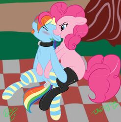 2013 blue_eyes blue_fur blush closed_eyes collar dildo duo ear_biting ear_nibbling equine female femsub feral friendship_is_magic hair horse insertion multicolored_hair my_little_pony outside penetration pink_fur pink_hair pinkie_pie_(mlp) pony pussy rainbow_dash_(mlp) rainbow_hair stockings tongue tongue_out toodledipsy yuri