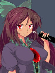 1girls batsu_(batuact3) blush bow breasts brown_hair censored cum ejaculation emoticon female hairbow handjob large_breasts long_hair looking_at_viewer penis radiation_symbol red_eyes simple_background symbol-shaped_pupils tan-skinned_female tan_skin touhou utsuho_reiuji