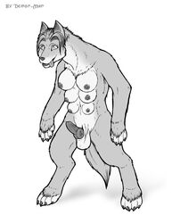 anthro balls breasts canine claws demon-man digitigrade erection intersex knot monochrome multi_breast nipples paws penis sheath tongue transformation