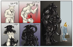 2boys abs anthro black_body black_nose briefcase business_suit canine canine_penis claws clothed comic corgi corruption dripping erection fur furry furry_only jackal large_penis male male_only muscle_growth muscular nipples nude original_character paws penis penis_growth red_penis rubber rwolf sketch stalking suitcase symbiote tentacle tentacle_penis tentacle_tongue tentacles testicles text toe_claws tongue tongue_out transformation wawik white_fur