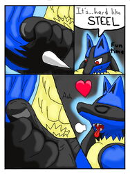 balls canine closed_eyes english_text fangs heart lucario male male_only masturbation muscleartguy muscles nintendo panting penis pokemon pokemon_(species) red_eyes solo spikes teeth text tongue tongue_out video_games